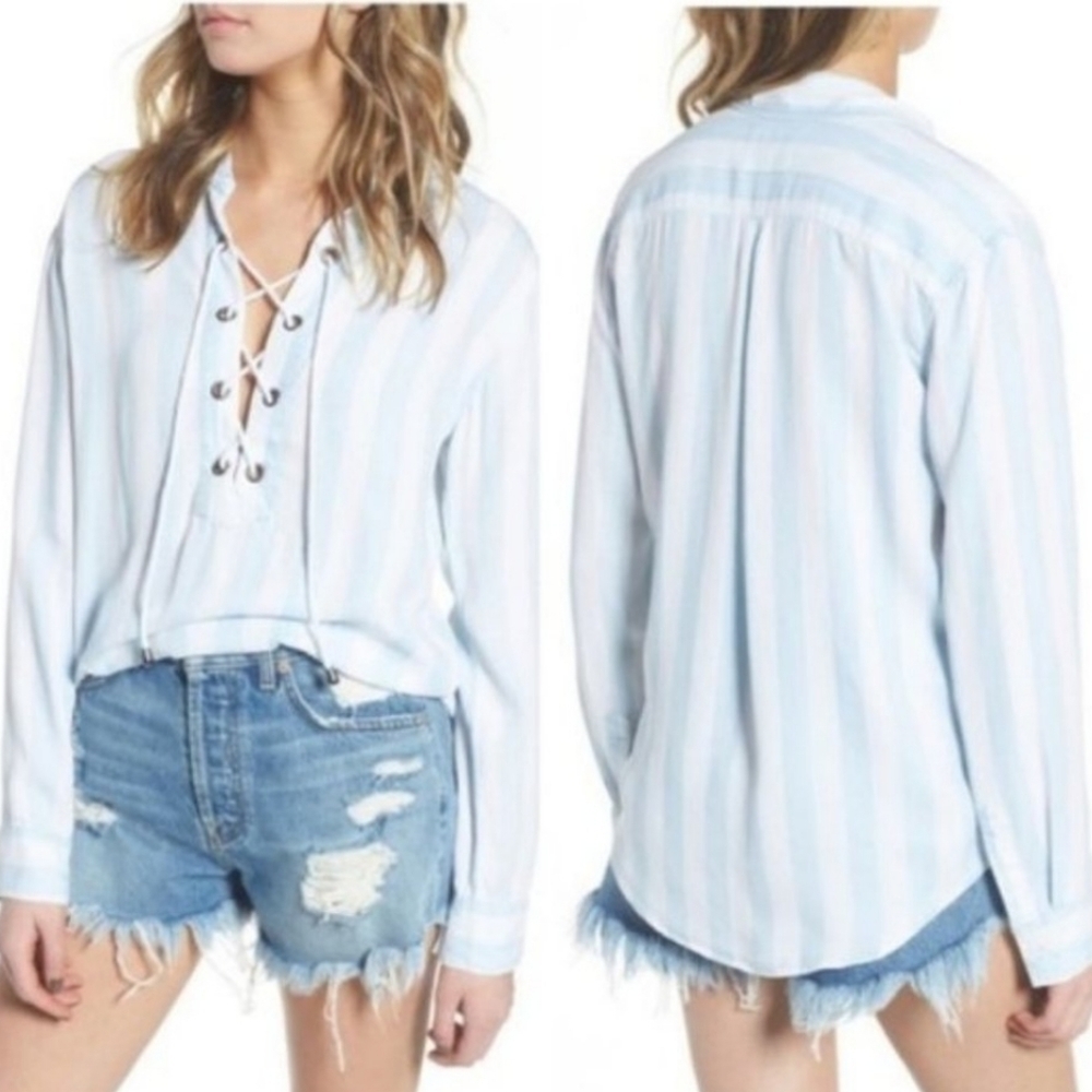 Rails Light Blue and White Striped Lace-Up Blouse